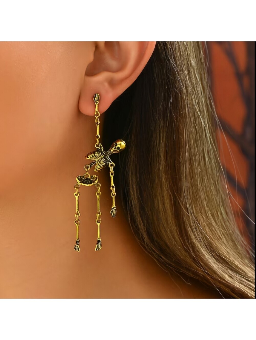 Gold Tone Skeleton Dangle Earrings